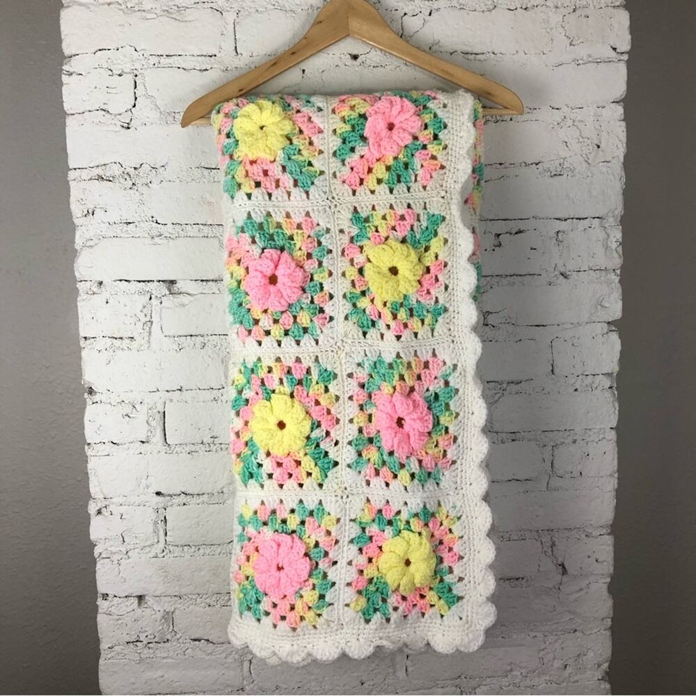 Vintage Hand Knitted Floral Afghan Blanket